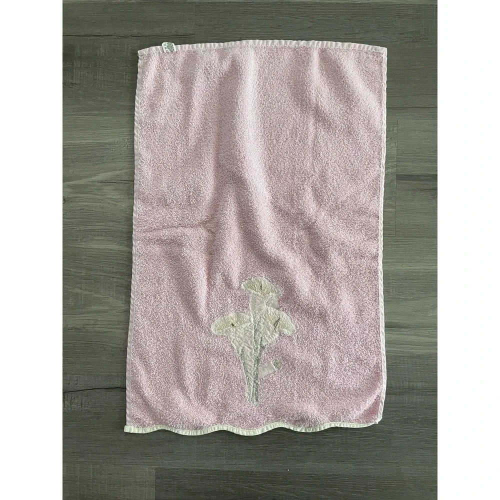 Vintage Cannon 3 Piece Bath Set Pink Applique Lily Bath & Hand Towel Washcloth‎